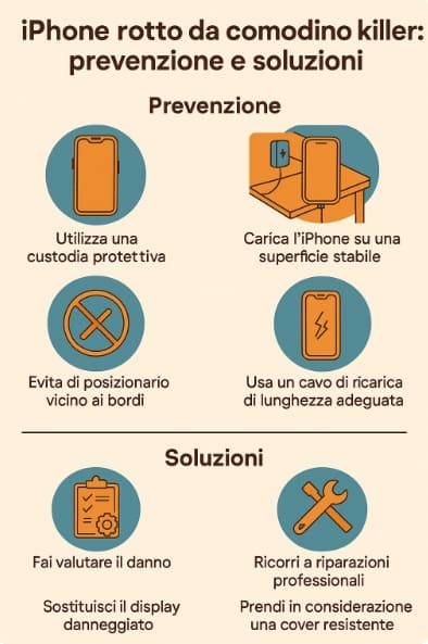 Prevenzione e soluzioni per i danni all’iPhone causati da cadute notturne Infografica con consigli per prevenire e risolvere danni da caduta dell’iPhone dal comodino